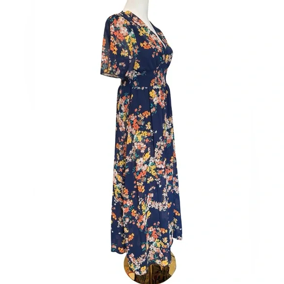 NWOT Floral Navy Maxi Dress with Smocked Waist Medium - Picture 6 of 11